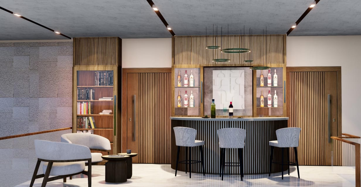 Fluted-oak home bar with backlit shelving