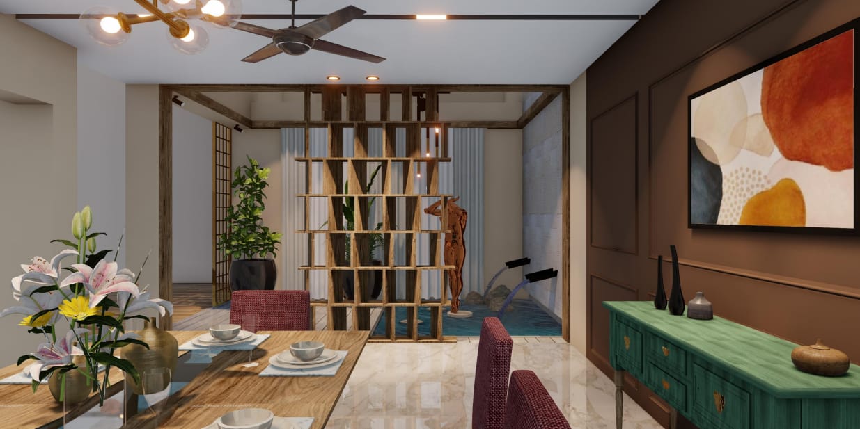 Dining room opening through a timber jaali to a courtyard water feature