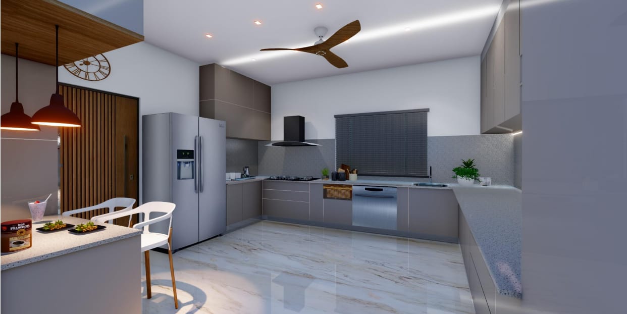 Grey kitchen with stone breakfast counter