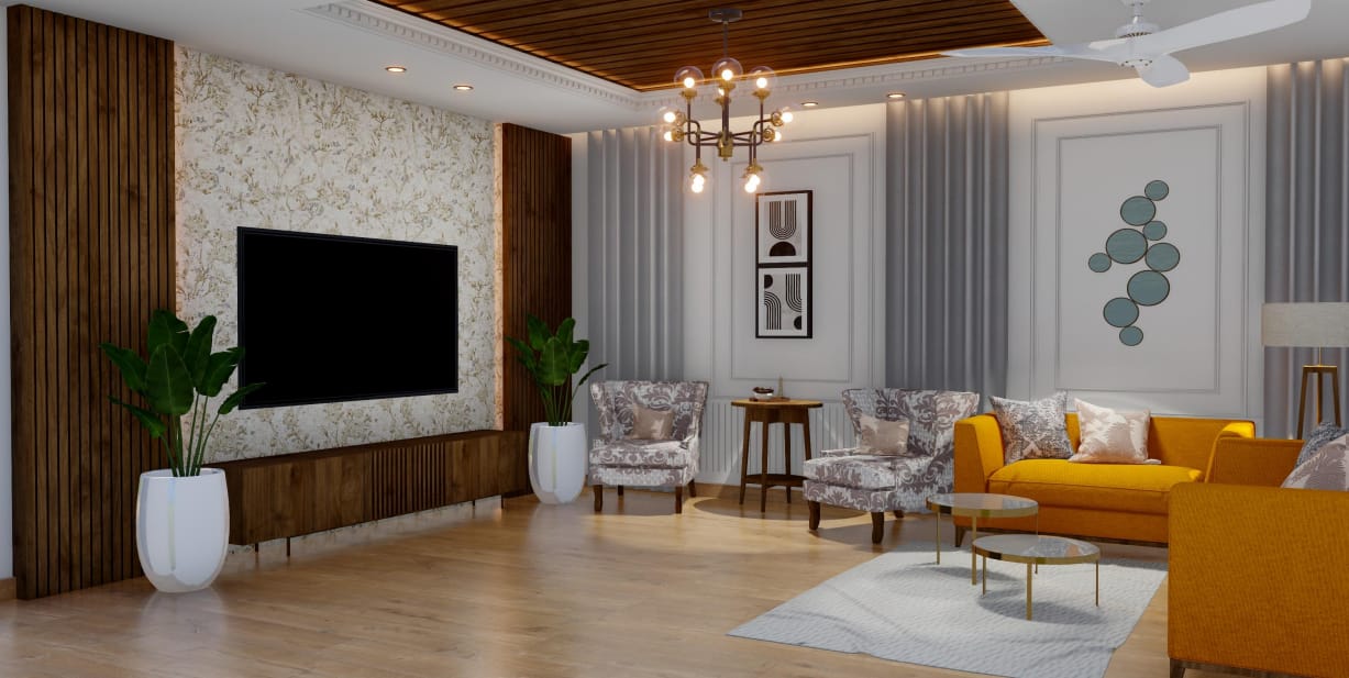 Living room designed by the INOUT studio, in mustard and walnut