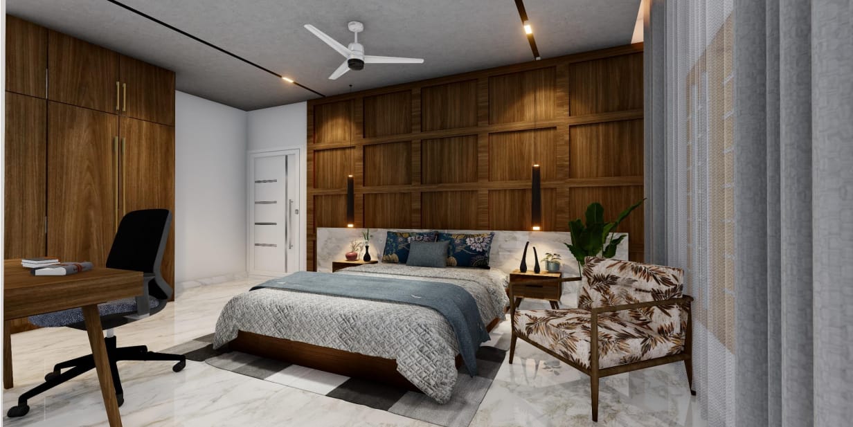 Master bedroom in coffered walnut and washed blue