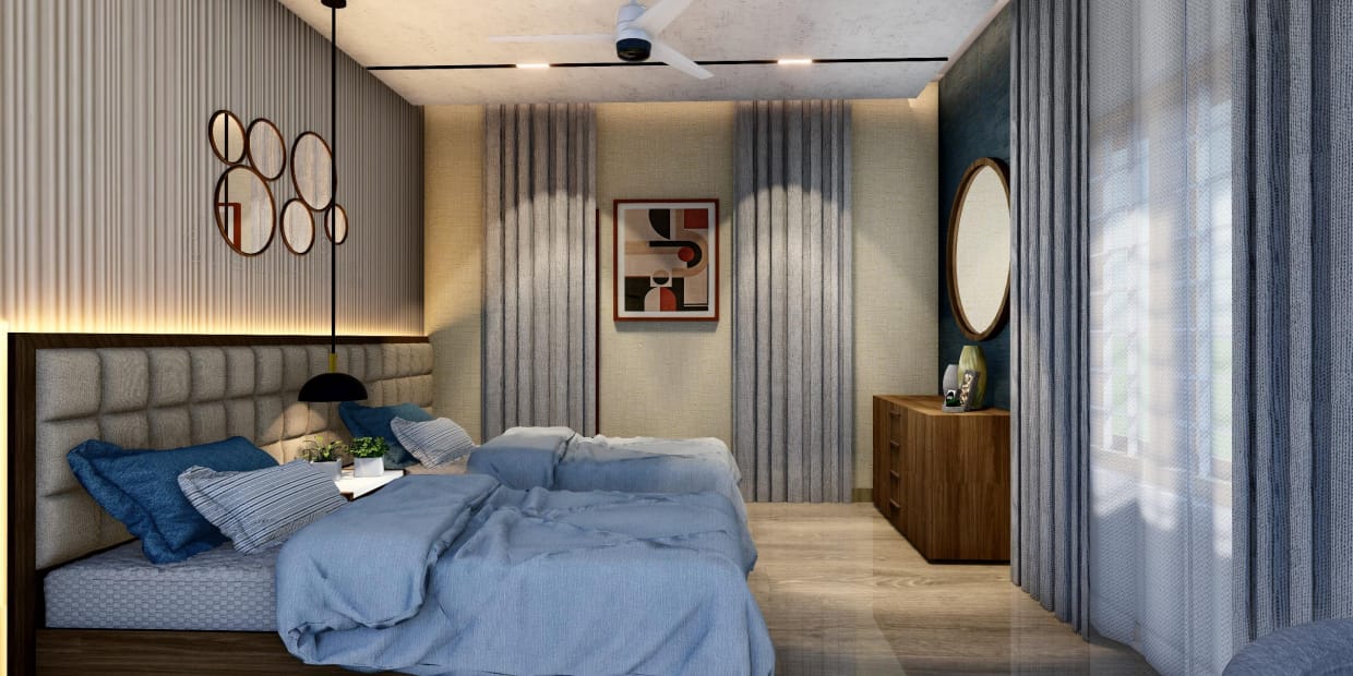 Twin bedroom with mirror clusters and layered blues